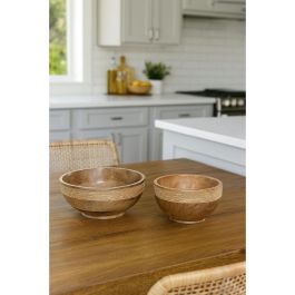 DKD Home Decor Centro de Mesa Cottage Marrón Set de 2 Indianrope de Madera de Mango y Cuerda, Acabado Natural, 25x10x25 cm