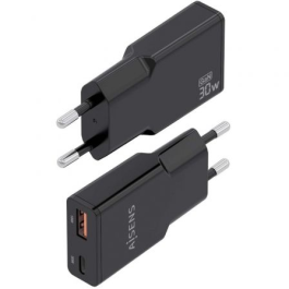 Cargador GaN de Pared Aisens ASCH-30W2P047-BK/ 1xUSB Tipo-C/ 1xUSB/ 30W/ Negro