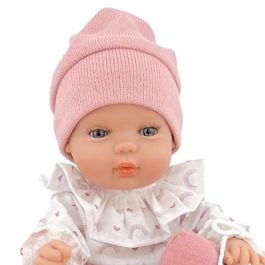 Muñeco baby smile niña con gorro rosa y cuerpo de vinilo articulado. 30 cm