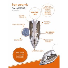 Camry cr 5018 Plancha de Vapor, 3000 W, Revestimiento Cerámico, Golpe Vapor 75 g/min, Antigoteo y Autoapagado