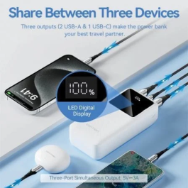 Vention FHMW0 Powerbank 30000mAh 22.5W Blanca con Pantalla LED, Micro-USB, USB-C, USB-A para Carga Rápida