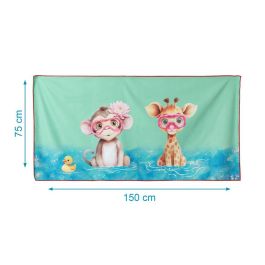 KioKids Toalla de Playa y Piscina Microfibra Secado Rápido Absorbente Niños Estampado Animales Turquesa 75x150 cm con Bolsa Transporte