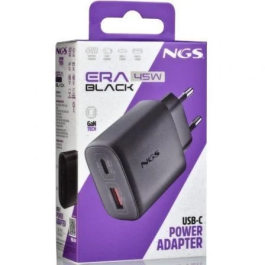 NGS Cargador de Pared GaN ERA 45W BLACK, 45W, 2 Puertos (USB-C + USB-A), Carga Rápida