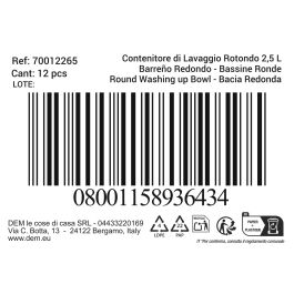 Inde Barreño redondo 2.5L, capacidad 2.5 litros, dimensiones 23.4 x 23.3 x 10.1 cm (12 Unidades)