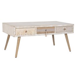 DKD Home Decor Mesa Centro Boho Blanco Natural Ancho 110 x Largo 60 x Alto 50 cm con 2 Cajones y Desmontable, Abeto y Algodón
