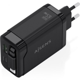 Aisens ASCH-65W3P071-BK Cargador GaN 65W Negro, 2x USB-C, 1x USB-A, Carga Rápida