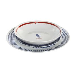 DKD Home Decor Vajilla de Porcelana Mediterráneo Blue Red Bird Set de 18 Piezas Azul Rojo Blanco Apto Microondas y Lavavajillas