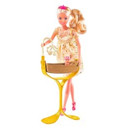Steffi Love 5737084 Muñeca Royal Baby Embarazada con Vestido Dorado, Tiara y Cuna Dorada