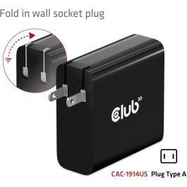 Club3D Cargador de Viaje 1xUSB Tipo C PD 140W con Tecnología GaN para Interiores, 28V, Cable 1m Negro