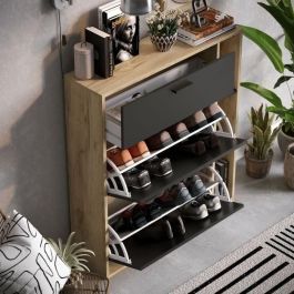 Zapatero LEONA de 2 puertas - Melamina negra y contorno de roble rústico - 8 a 10 pares - L90 x P25 x H102 cm Zapatero LEONA de 2 puertas - Melamina negra y contorno de roble rústico - 8 a 10 pares - L90 x P25 x H102 cm