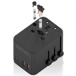 AISENS - ADAPTADOR ENCHUFE UNIVERSAL PARA VIAJE EU/USA/UK/AU CON CARGADOR USB GaN, 2xUSB-A QC3.0, 2xUSB-C PD3.0 25W, NEGRO
