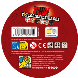 dV Giochi Bang! Explosión de dados EEDVBD04 Juego de Mesa con 2 Expansiones y 4 Personajes Nuevos Juego de Dados para 3-8 Jugadores 8+ Años