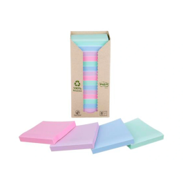 Post-it Bloc de notas adhesivas 76x76 mm 100% reciclada PEFC, pack 16 unidades, colores surtidos