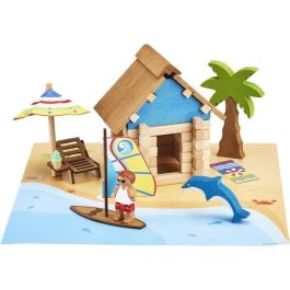 Jeujura JEU3225280802909 The Beach Hut Juego de Construcción en Madera Natural 55 Piezas con Colchoneta y Accesorios