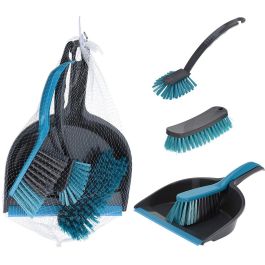 Ultraclean Set de Limpieza 4 Piezas Gris y Turquesa con Recogedor, Escoba, Cepillo Platos y Cepillo Mano, Colgador