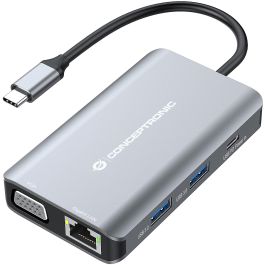 Conceptronic DONN21G Docking Station 7 en 1 USB-C a HDMI 4K, VGA, LAN GbE, USB 3.0 x3, PD 100W, Gris