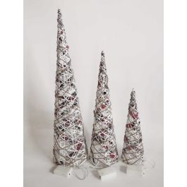 DKD Home Decor Cono Navideño Alpina Ratán LED Iluminado Decoración Natural Blanco 20x20x80 cm - Set de 3 Piezas