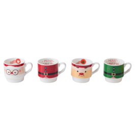 DKD Home Decor Taza Navidad Tradicional Porcelana 365ml Rojo Verde Blanco, Set de 2 Tazas Apto Microondas y Lavavajillas