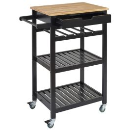 Home Deco Factory Mesa Camarera Con Ruedas Negra - Carrito de almacenamiento móvil con botellero, cajón y dos baldas, 40x62,5 cm; h.85,5 cm