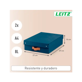 Leitz Caja de Almacenaje Baja de Cartón con Asa de Piel, Azul, Pack de 2 Unidades, 8 Litros