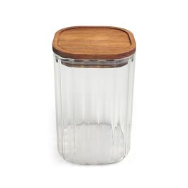 Inde Tarro de Boro-silicato Óptico con Tapa Acacia, Cuadrado, 950 ml, Colección La Mediterran - 10.2 x 10.2 x 15.7 cm (12 Unidades)