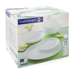 Luminarc Vajilla Diwali Opal Vidrio Templado 19 Piezas para 6 Personas Blanco - Apto Lavavajillas y Microondas - Hecho en Francia