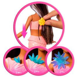 Barbie Jdm73 Muñeca Sirena Florece Morena con Flores Mágicas que Salen de la Aleta, Cabello Castaño con Mechas Moradas y Diadema de Perlas.