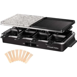 Russell Hobbs 26280-56 Multi Raclette 3 en 1 para 8 Personas con Placa de Acero Inoxidable y Piedra y 8 sartenes