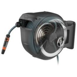 Gardena Enrollador de manguera automático de pared RollUp M/L 25 m x 13 mm con sistema antibloqueo, giro 180° y kit listo para usar, borde blanco