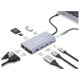 Conceptronic DONN20G Adaptador USB-C a HDMI/USB-A/VGA/AUX con Ethernet y Lector Tarjetas SD, 100W PD, Gris, 25cm