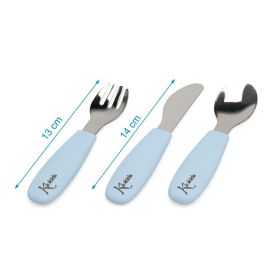 Kiokids Cubiertos Infantiles Acero Inoxidable Silicona Azul para Bebés +6 Meses, Mangos Antideslizantes, Apto Lavavajillas