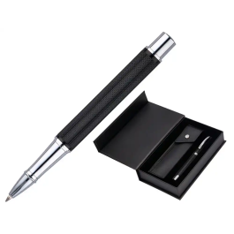 Belius Turbo Roller y estuche aluminio textura punteada negro plateado tinta negro caja de diseño