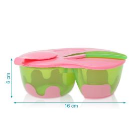 KioKids Cuenco Doble Antideslizante con Tapa y Cuchara para Bebé, Rosa y Verde, +4 Meses, Gran Capacidad