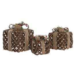 DKD Home Decor Alpina Set Decoración Navideña LED con Pilas de Ratán Natural - 2 Unidades (3 Piezas cada una) - 28x28x31 cm
