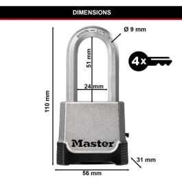 Master Lock M176EURDLH Candado Excell de combinación programable con llave de emergencia 56 mm de zinc, arco Tough-Cut para exterior