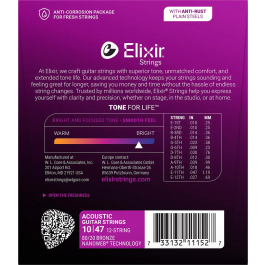 Elixir Juego Acústica 12St. Nanoweb 80/20 Bronze 10-47 / 10-27 Cuerdas para Guitarra