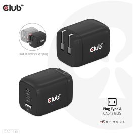 Club3D Cargador de viaje PPS GaN 65W, 2x USB-C + 1x USB-A, Carga Rápida PD 3.0 para Móviles y Portátiles, Negro
