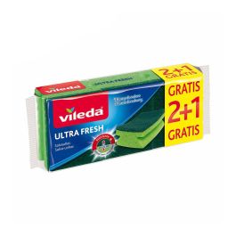 Vileda Estropajo Salva Uñas Ultra fresh Verde 2+1 Multiusos con Tratamiento Antibacterias 99.9% | Esponja Fibra Alta Absorción