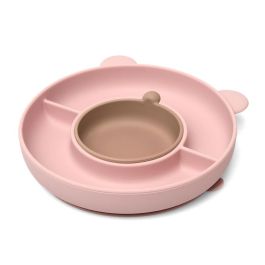 Kiokids Plato de Silicona con 3 Compartimentos, Ventosa y Diseño de Oso Rosa para Bebés +6 Meses, Baby Led Weaning, Apto Lavavajillas y Microondas