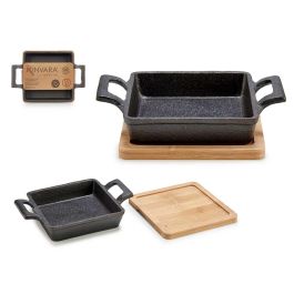 Bandeja cuadrada hierro y bambú Kinvara 19x14x5 cm, negro y madera (12 Unidades)