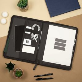 Finocam Portadocumentos A4 Imitación Cuero Negro con Cremallera, Bloc de Notas y Bolsillo para Tablet