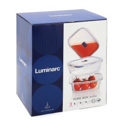 Luminarc Set 3 Recipientes Hermético Vidrio Pure Box Active 38-82-122 cL con Tapa de 4 Cierres