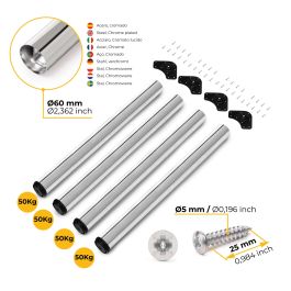 Emuca Lote de 4 patas para mesa, diámetro 60mm, H 710mm, Acero, Cromado