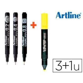 Rotulador Artline Comic Pen Calibrado Micrometrico Negro Bolsa De 3 Uds 0,2 0,4 0,8 + Fluorescente 660