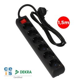 Edm Prolongador con 6 tomas 2P+T, 16A 250V, 1.5 m cable H05VV-F 3G 1.5mm², interruptor, negro