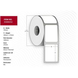 Capture Label 70x30x17 - Core 25. DIameter 100 mm. White. Uncoated. DT. Permanent. 670 labels per roll. 4 rolls per box. Black Mark, no perforation. Mother Daughter label. Each label is cut in two halves. The Mother label measures 70 x 30mm and the Daught Precio: 77.89000021. SKU: B1KFMPY3MP