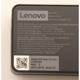 Lenovo AC power adapter with 65W output, supports 20V, 15V, 9V, 5V voltages, designed for worldwide use, 3-phase. Lenovo AC power adapter with 65W output, supports 20V, 15V, 9V, 5V voltages, designed for worldwide use, 3-phase.