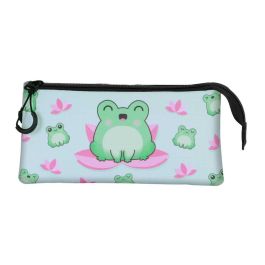 Oh My Pop Estuche Portatodo Triple Froggy Turquesa, 3 Compartimentos, Ripstop