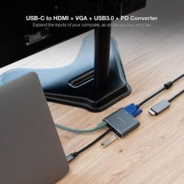 Nano Cable 10.16.4304 Conversor USB-C Macho a HDMI 4K Hembra, VGA Hembra, USB-C PD Hembra, USB Hembra, 15cm, Gris