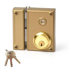 Jis Cerradura de sobreponer con manilla, golpe y llave 70mm izquierda, cilindro fijo 52mm, dorado, referencia 35-7i